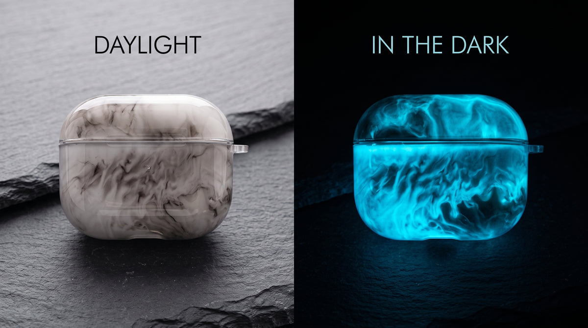 Side-by-side product comparison on a dark textured slate background. Left side labeled 'DAYLIGHT': the translucent marble AirPods case in normal bright room light, showing its smoky marble pattern. Ri